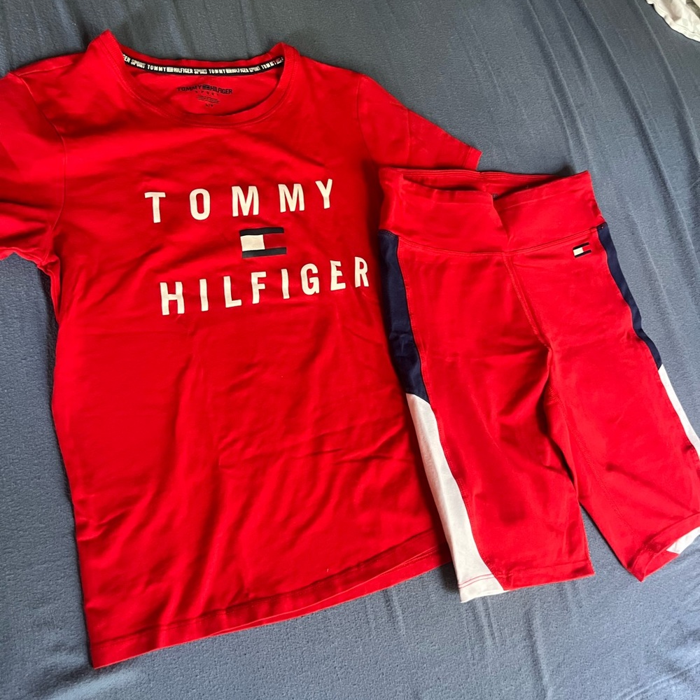 Red Tommy Hilfiger sport set. Matching Biker shorts & short sleeve shirt